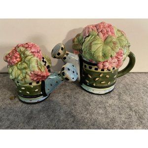 Sakura Delicate Handpainted Spring Bouquet 4.5 inch Watering Can and 3.25 inch P